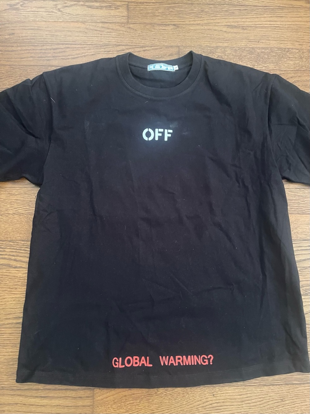 “OFF-WHITE” Black Tee with White 'OFF' and Red 'GLOBAL WARMING?' Text